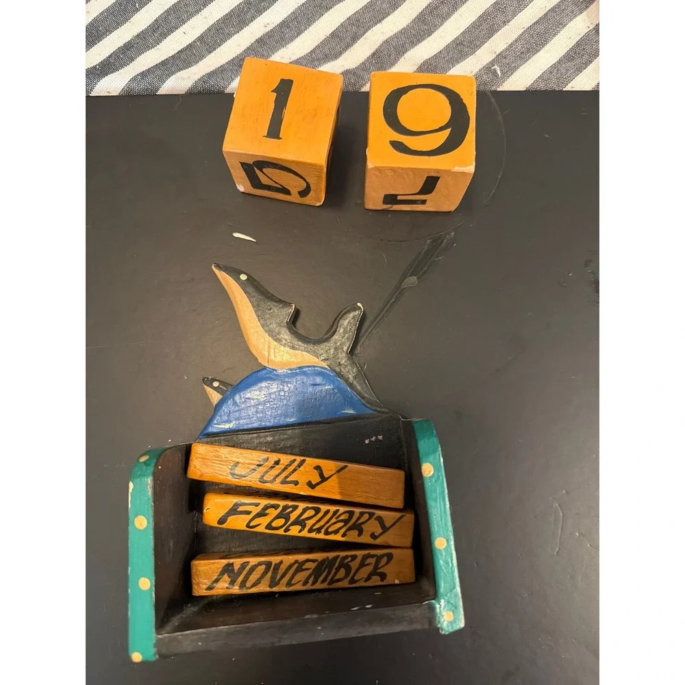 Hand Carved Wooden Perpetual Desk Calendar Dolphin Whale Nautical Folk Art Decor